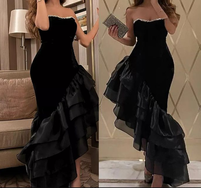Black Strapless Velvet Mermaid Ruffles Prom Dress Sexy Party Evening Gown