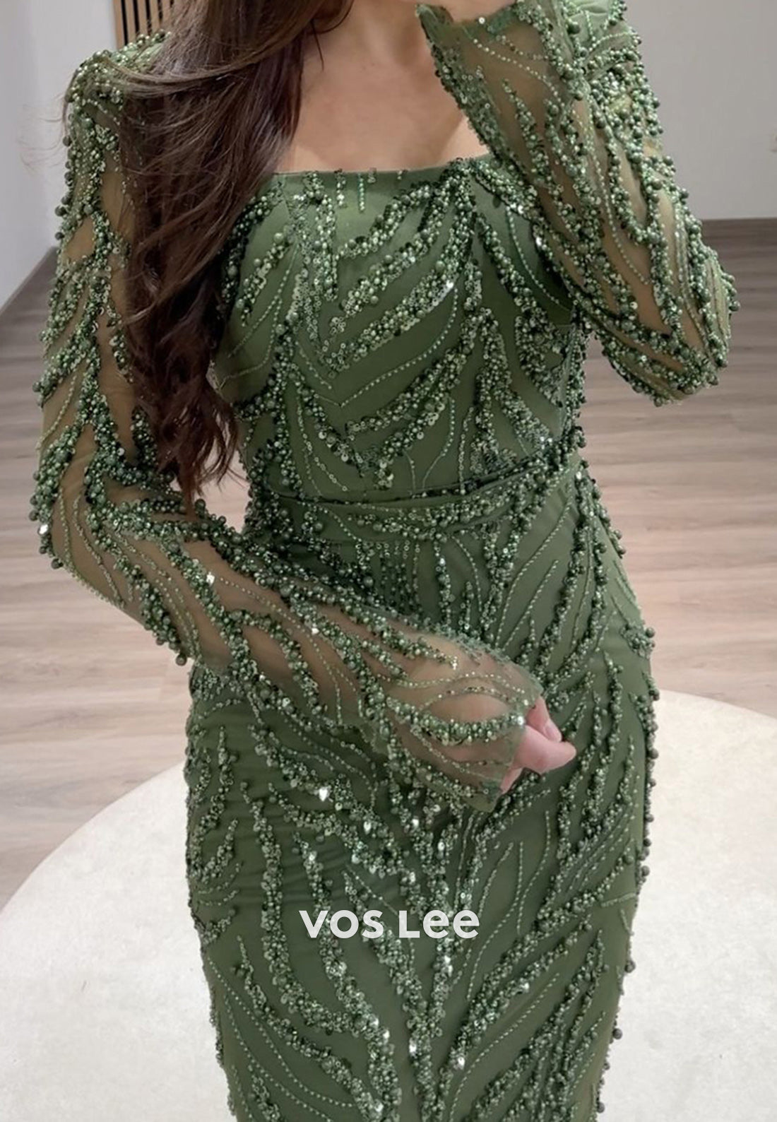 Column Floor-Length Square Long Sleeve Beading Glitter Split Formal Evening Dresses