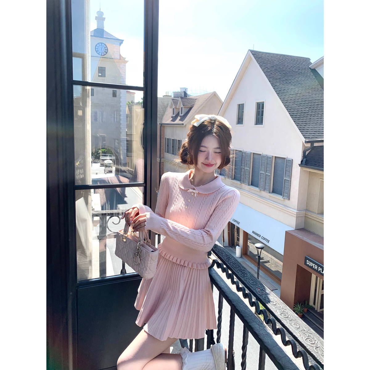 Pink long-sleeved knit sweater and skirt set - super cute autumn/winter outfit A06 - VelvetHem