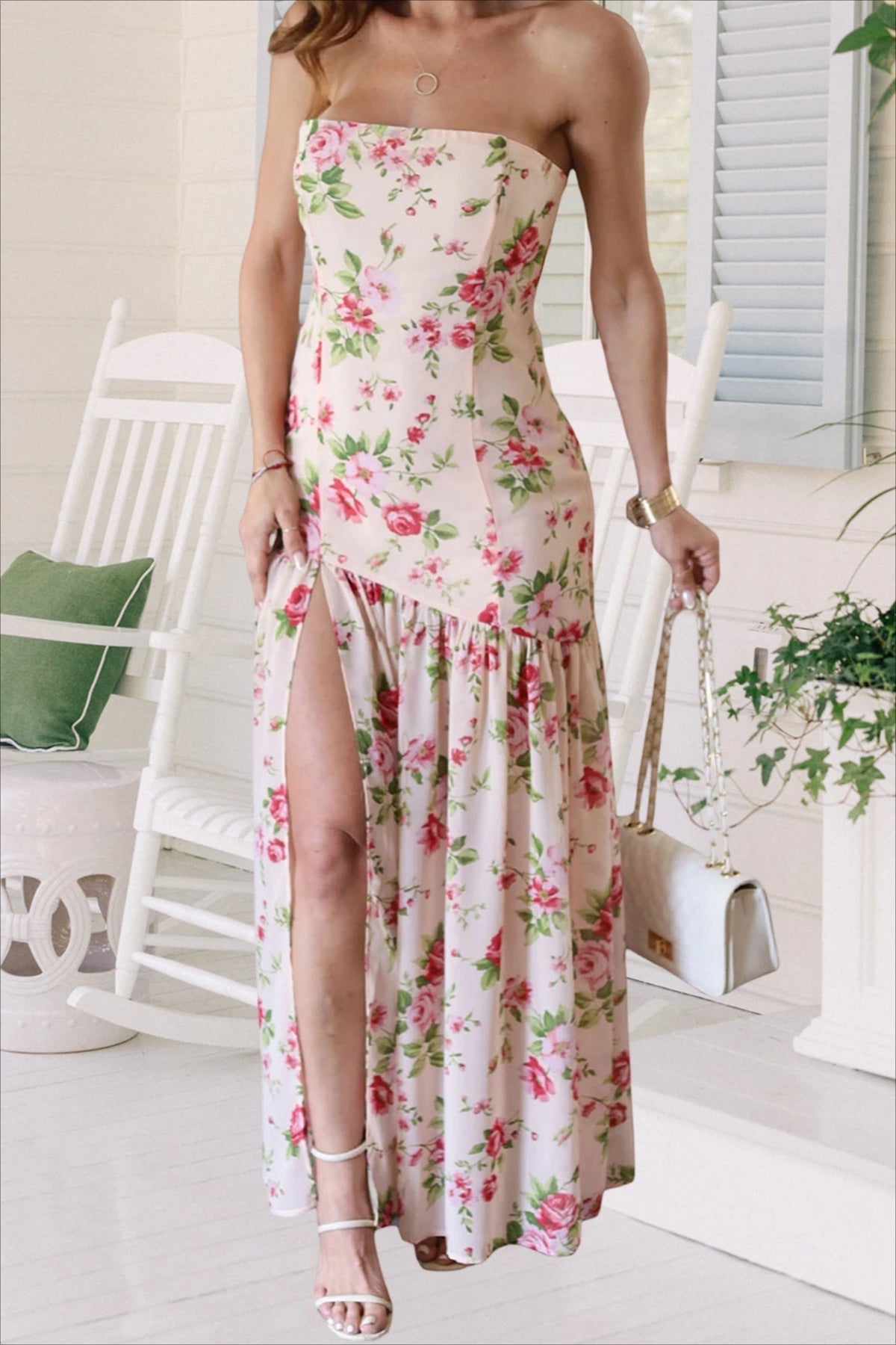 Off-the-Shoulder Ruffle High-Low Hem Floral Dress - View 4 | FashionDia