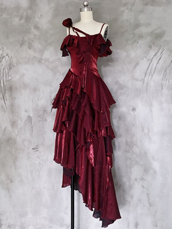 Pretty Asymmetrical Layered Flounce Spaghetti Strap Satin Prom Dress Mermaid Evening Gown