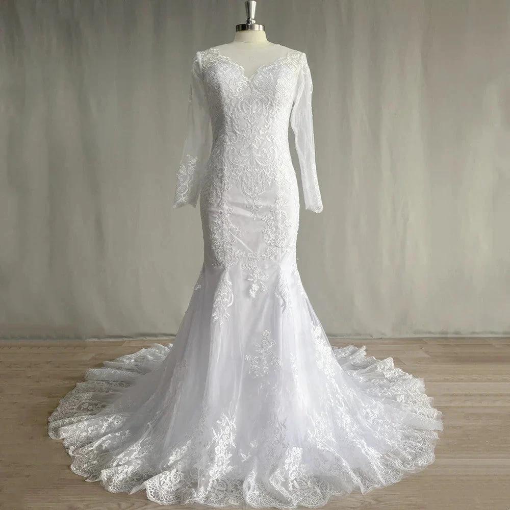 Gorgeous Lace Long Sleeve Mermaid Wedding Dresses Tulle Bridal Gown For Women Cathedral Train V-Neck Appliques Button Back (ZD14087)