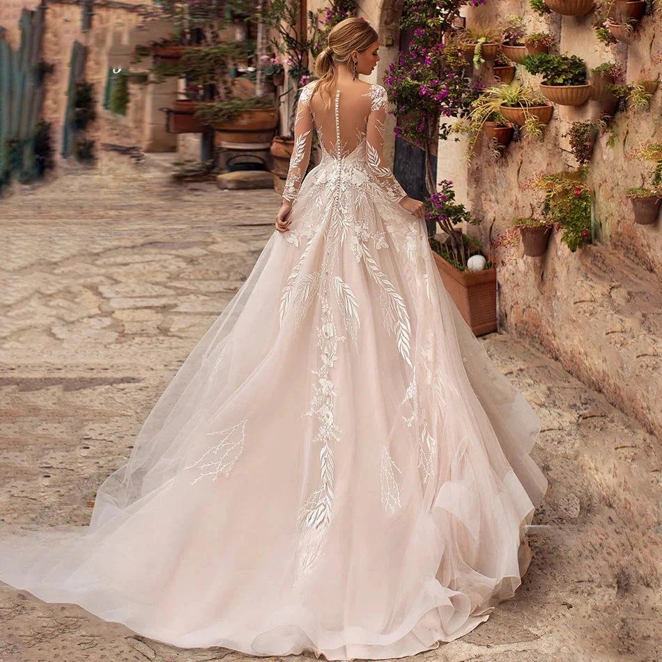 Sexy V-Neck Applique Wedding Dress Lace 2023 Illusion Long Sleeve A-Line Princess Bride Dress Bohemia Vestido De Noiva Women's (ZD14150)