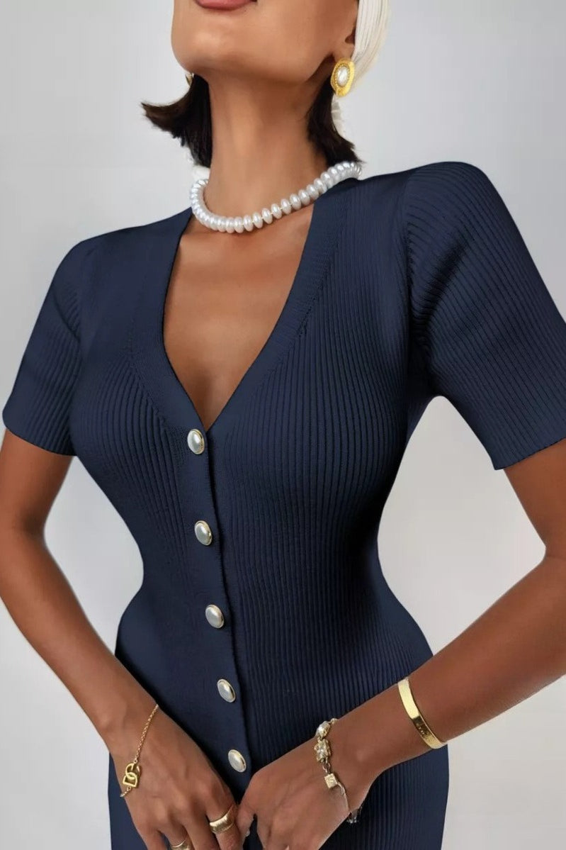 Waist Cinched V Neck Single Breasted Short Sleeve Knit Maxi Sweater Dress - View 4 | VelvetHem