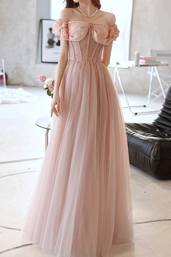 Lovely Pink Off-the-Shoulder Tulle Beading Prom Dress A-Line Party Evening Dress - View 5 | FashionDia