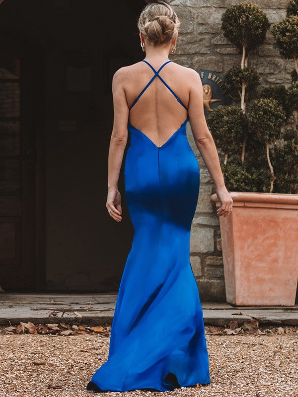 Regal Sapphire Spaghetti Straps V-Neck Backless Mermaid Prom Gown - View 2 | VelvetHem