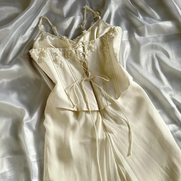 Spaghetti Straps Beige Long Prom Dress Beaded Flower Birthday Dress