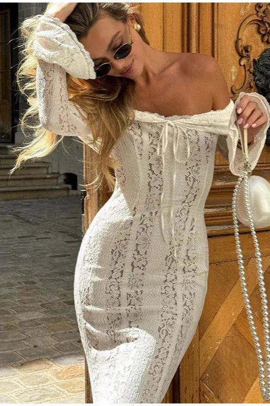 Off Shoulder Ruched Lace Flare Sleeve Bodycon Dress