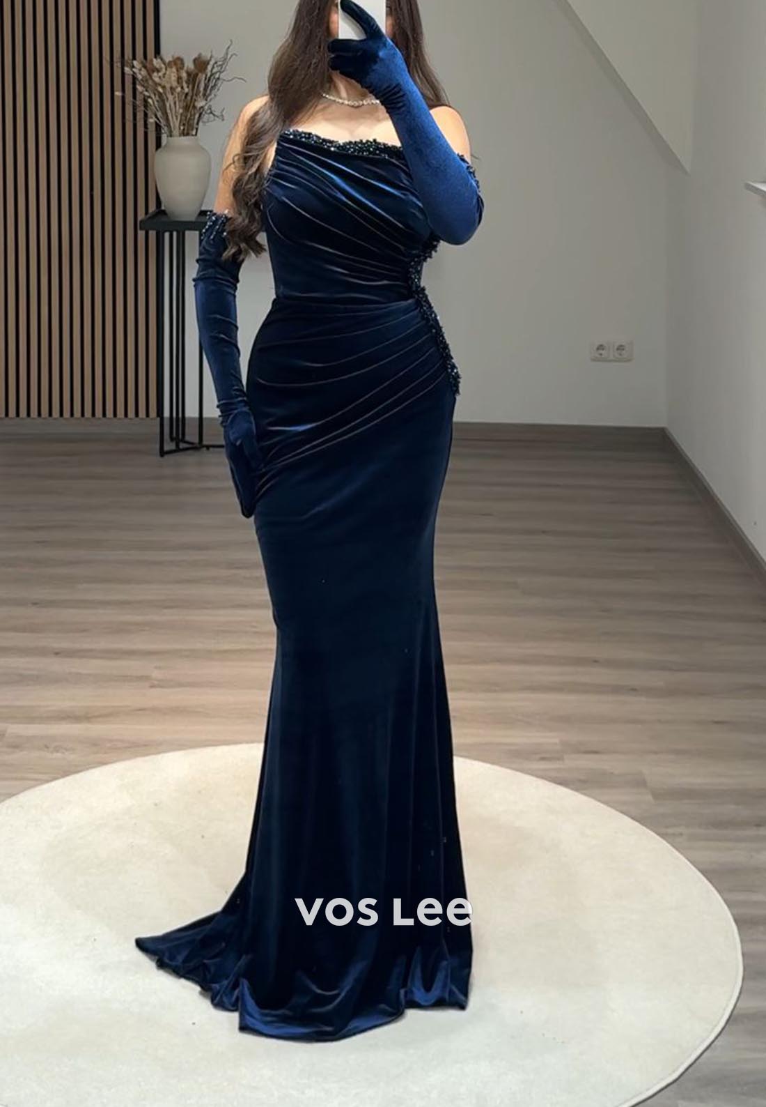 Column Off the Shoulder Pleated Floor-Length Beading Formal Evening Dresses