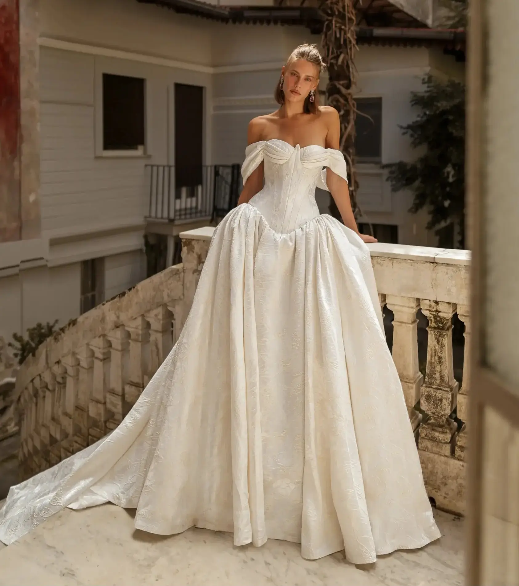 Romantic White Satin Off-the-Shoulder Ball Gown Wedding Dress with Train ZP123