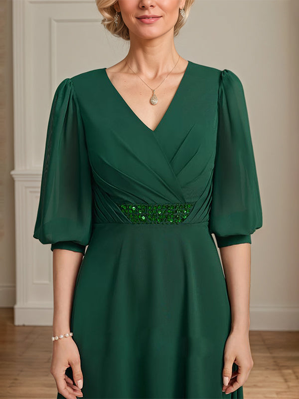 A-line V-Neck Ankle-Length Chiffon Mother of the Bride Dress With Pleated Sequins Beading - View 6 | FashionDia