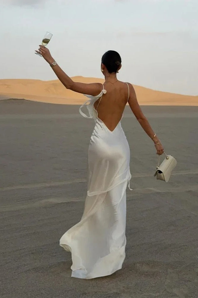 Elegant White Satin Backless Maxi Dress - View 5 | FashionDia