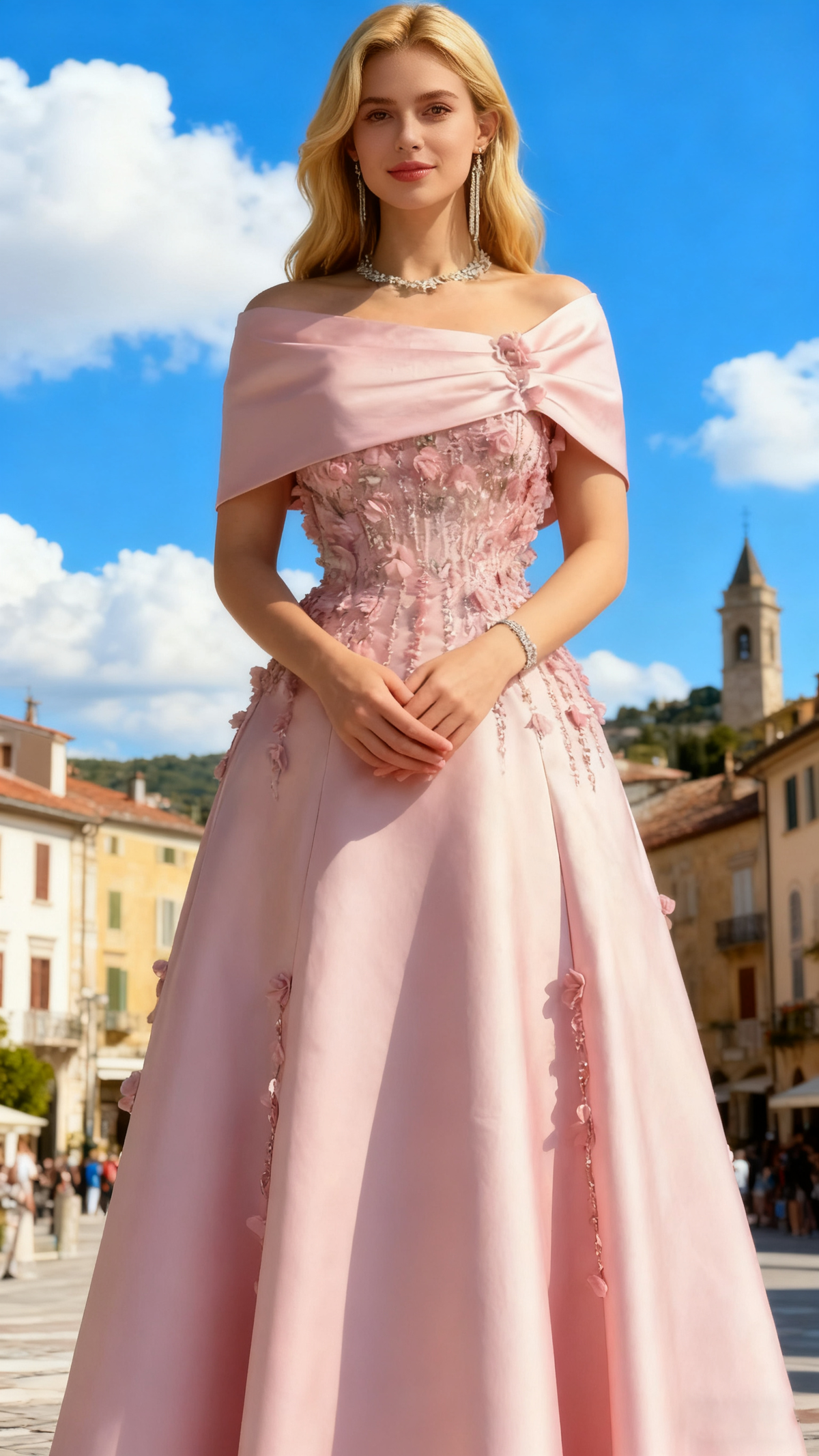 Elegant Off The Shoulder Satin Beaded Appliques Prom Dress Formal A Line Evening Dress Y8160 - View 2 | VelvetHem