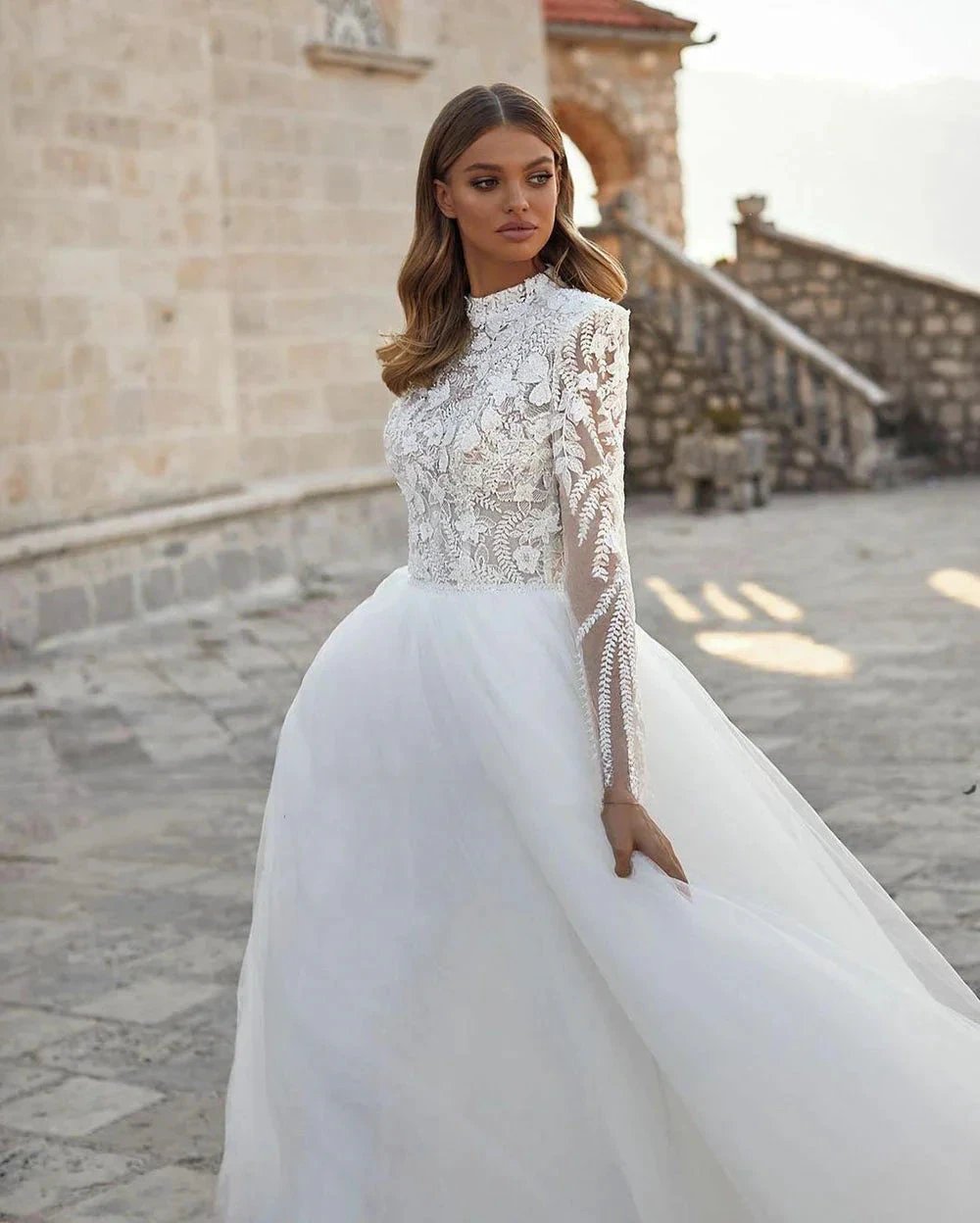 Grace Pretty luxury Princess Wedding Dresses Modest O Neck Long Sleeves Muslim Bride Dresses Bridal Gown vestidos de novia (ZD13482)