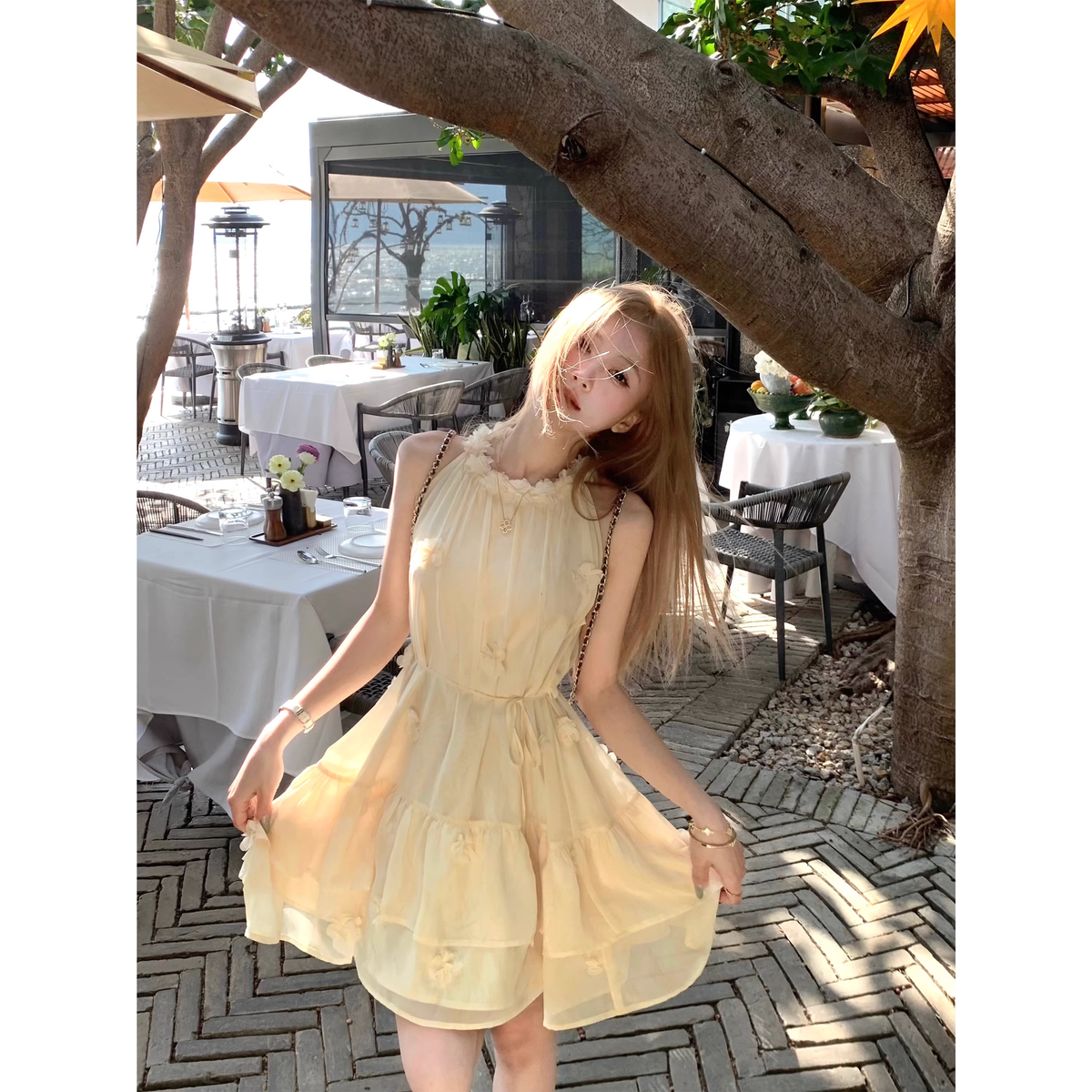 Creamy yellow halter neck dress French style short skirt - FashionDia