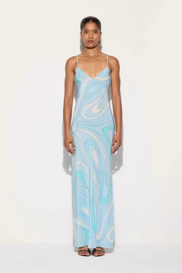 Printed Satin Cami Slit Silk Dress - View 4 | VelvetHem