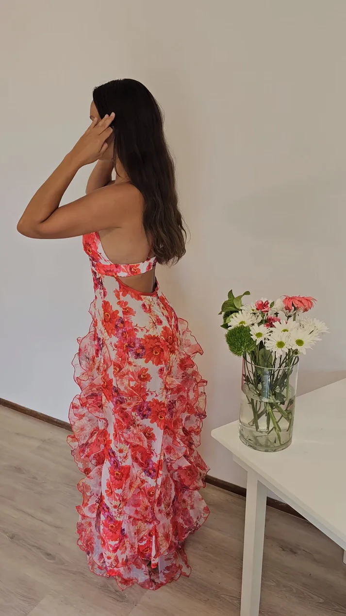Sexy Red Floral Printed Backless Ruffle Long Party Dress Prom Evening Dress - View 3 | FashionDia