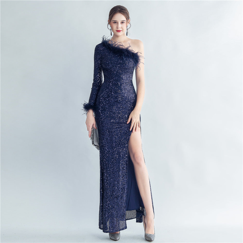 Craft Ostrich Feather Diagonal Shoulder Roman Collar Evening Dress - View 4 | VelvetHem