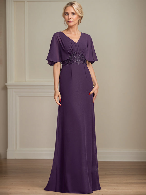 A-Line V-Neck Floor-Length Chiffon Mother of the Bride Dress With Appliques Pleated - View 2 | FashionDia