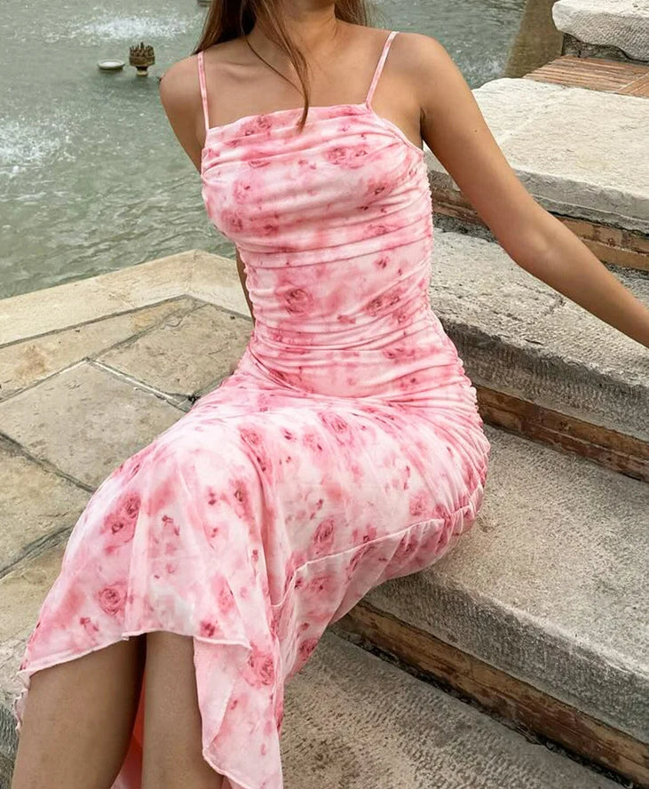 Ruched Spaghetti Strap Backless Floral Dress - View 2 | VelvetHem