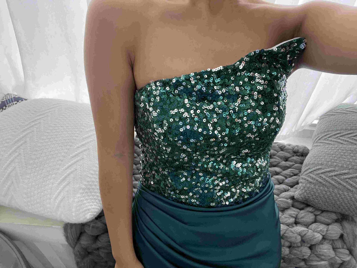 Green Sequined Fairy Wedding Long Long Sleeve One-Piece Mid-Length Evening Dress - View 4 | VelvetHem