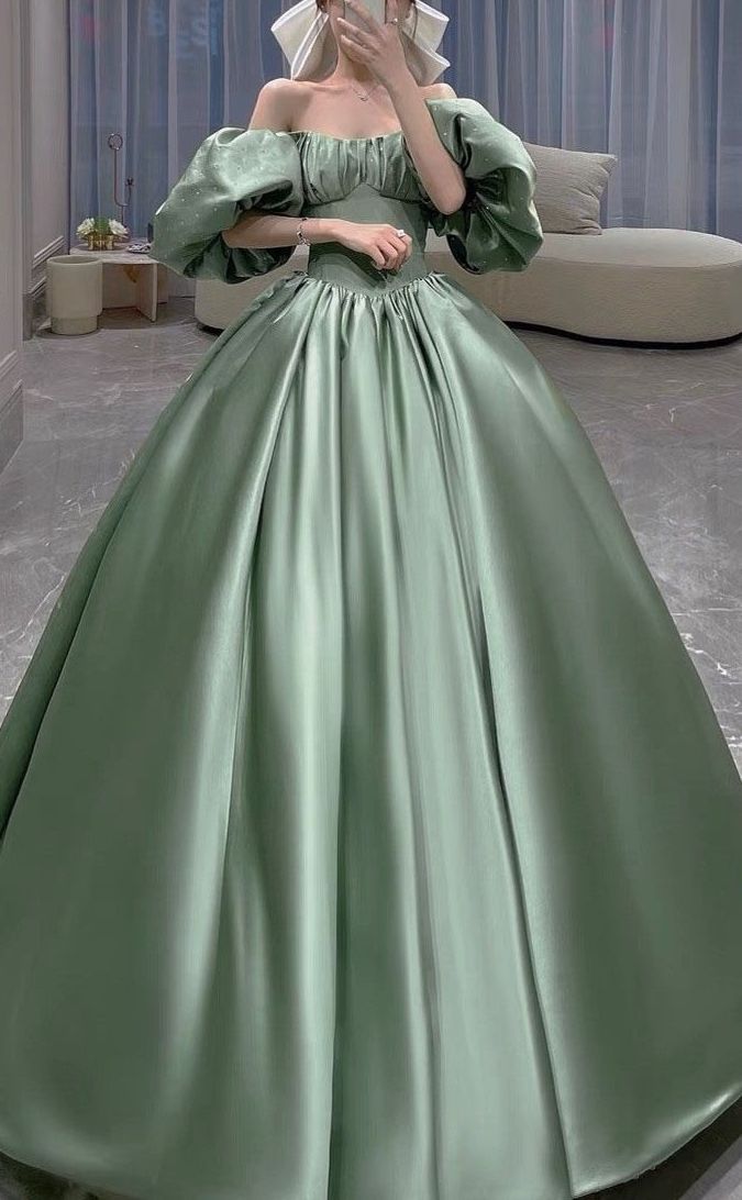 Sage Green Princess Ball Gown Satin Dresses