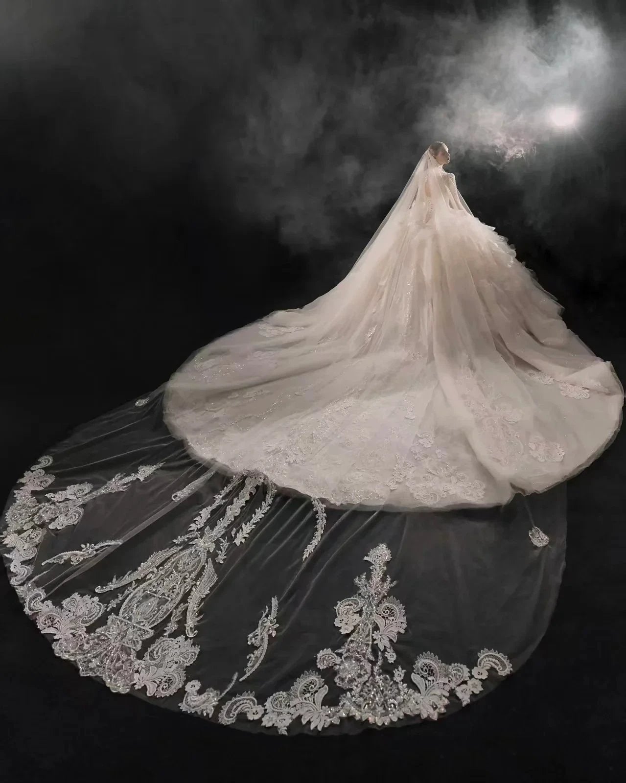 Luxurious V-Neck Ball Gown Long Lace Sleeve Beaded Embroidery Wedding Dress with Layered Ruffled Train (ZD16898)