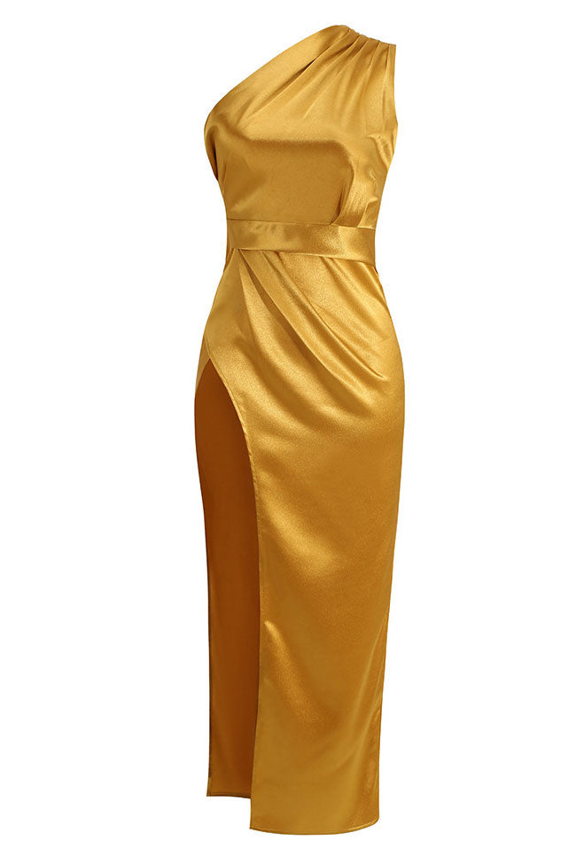 Silky Satin Pleated One Shoulder High Slit Midi Evening Dress - Gold - View 4 | VelvetHem