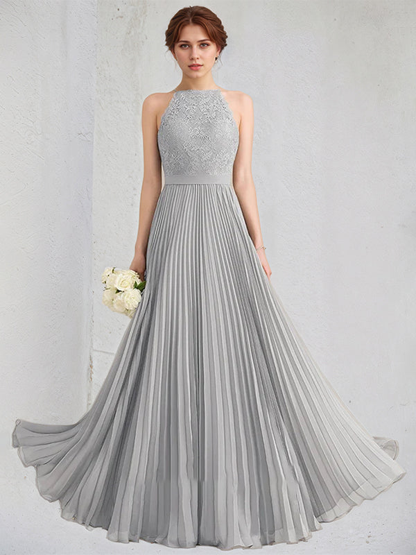 Silver A-Line Scoop Floor-Length Lace Chiffon Dresses With Pleated