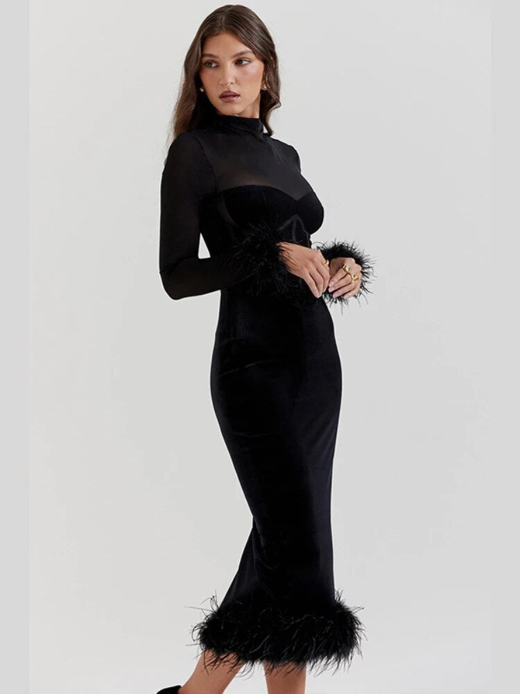 TARUXY Mesh Splice Maxi Dress Women High Waist Slim Feather Temperament Dresses Female Party Retro Elegant Evening Dress Woman - View 5 | VelvetHem