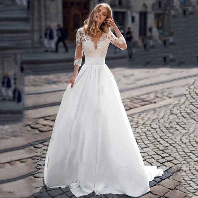 JEHETH Lace Appliques Wedding Dresses For Women Satin Elegant A Line Illusion Back With Button Bride Dress Vestidos de Novia (ZD13382)