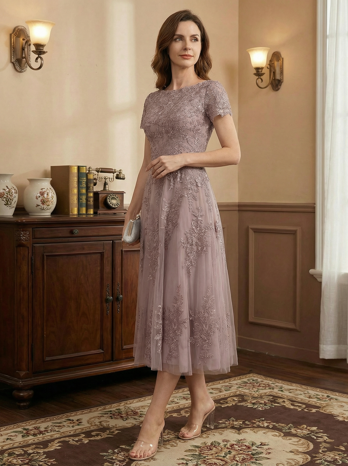 A-line Scoop Tea-Length Tulle Lace Mother of the Bride Dress - View 4 | FashionDia