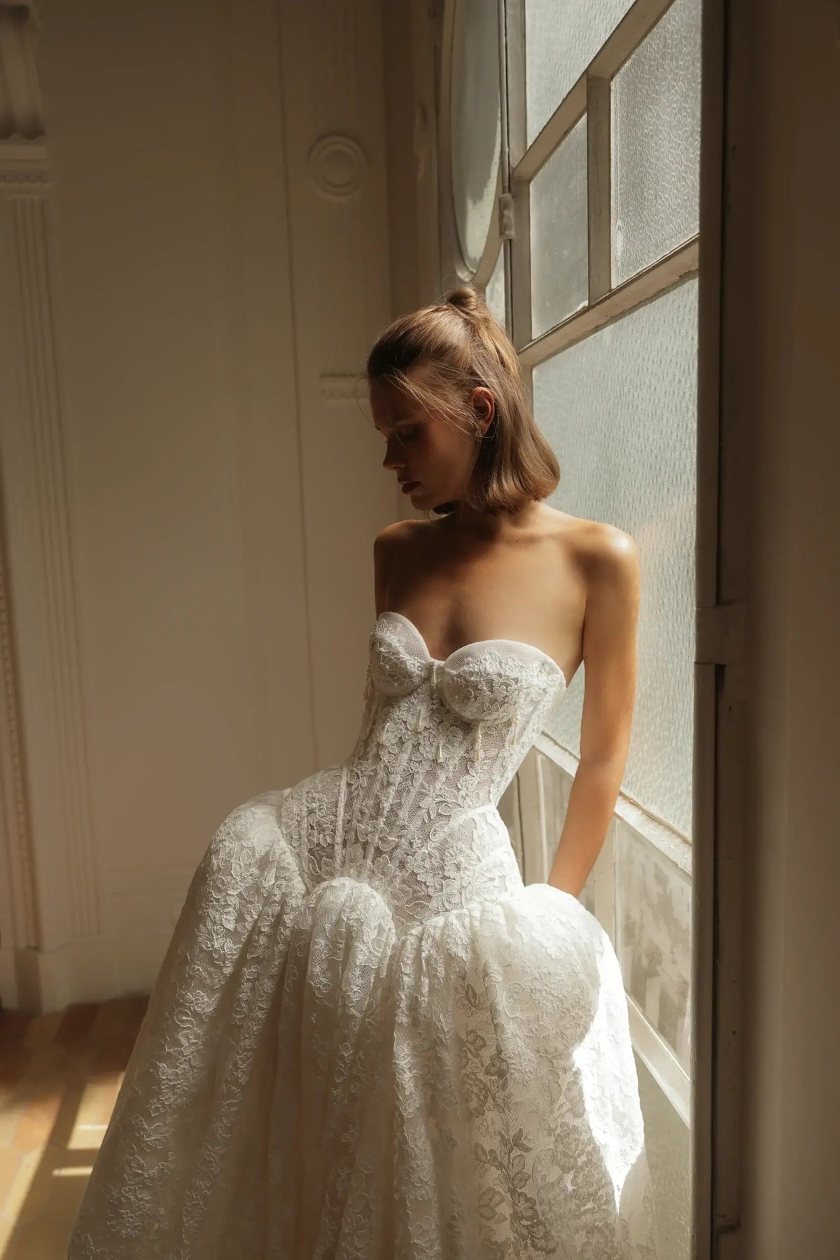 Bohemian Ivory Lace Strapless Ball Gown Wedding Dress ZP112 - View 7 | VelvetHem