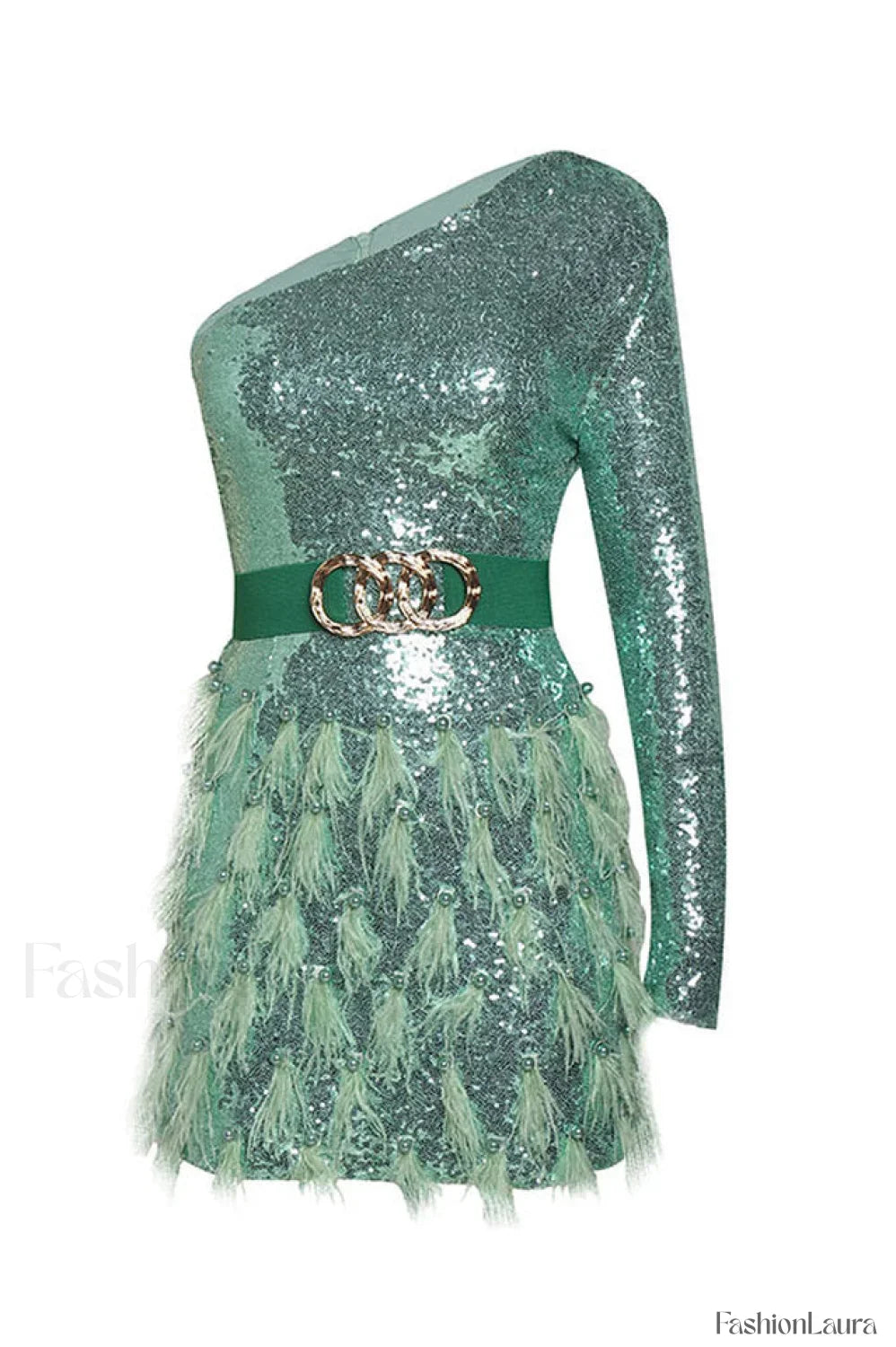 Daria One Shoulder Charming Sequin Feather Dress