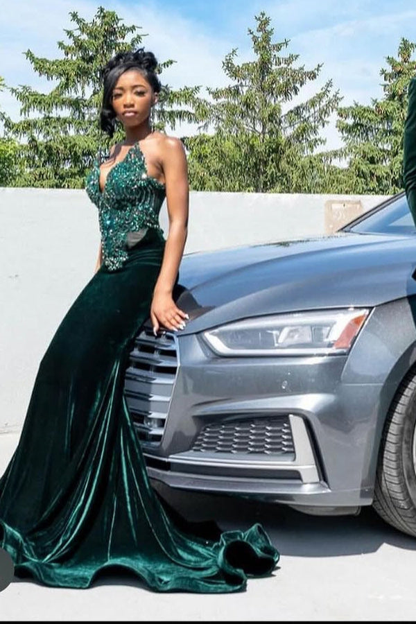 Dark Green Beaded Mermaid Fit Floor-Length Prom Dresses