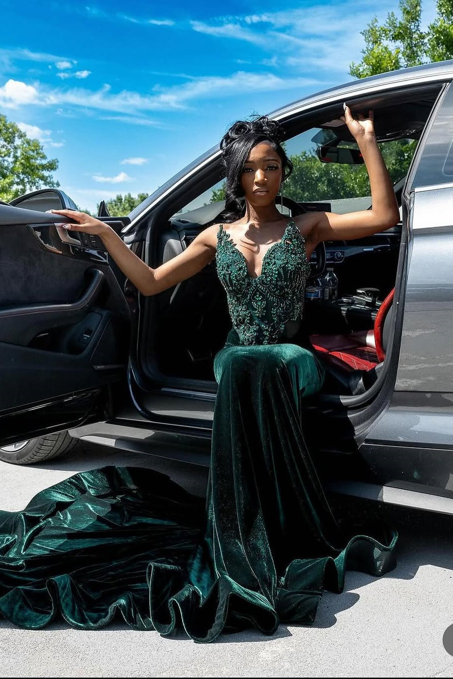 Dark Green Beaded Mermaid Fit Floor-Length Prom Dresses