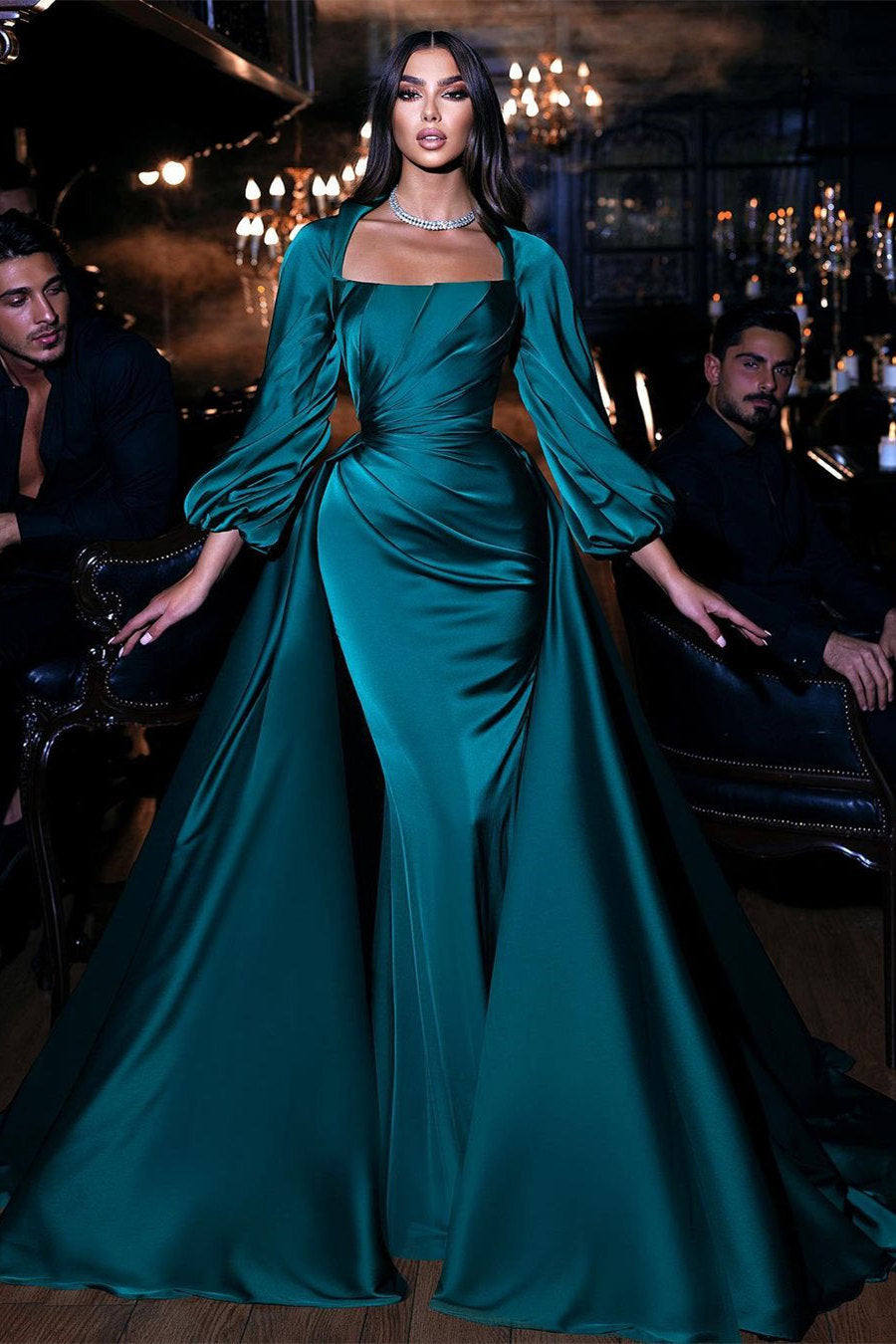 Dark Green Long sleeves Floor-Length Mermaid Prom Dress with Detachable Train
