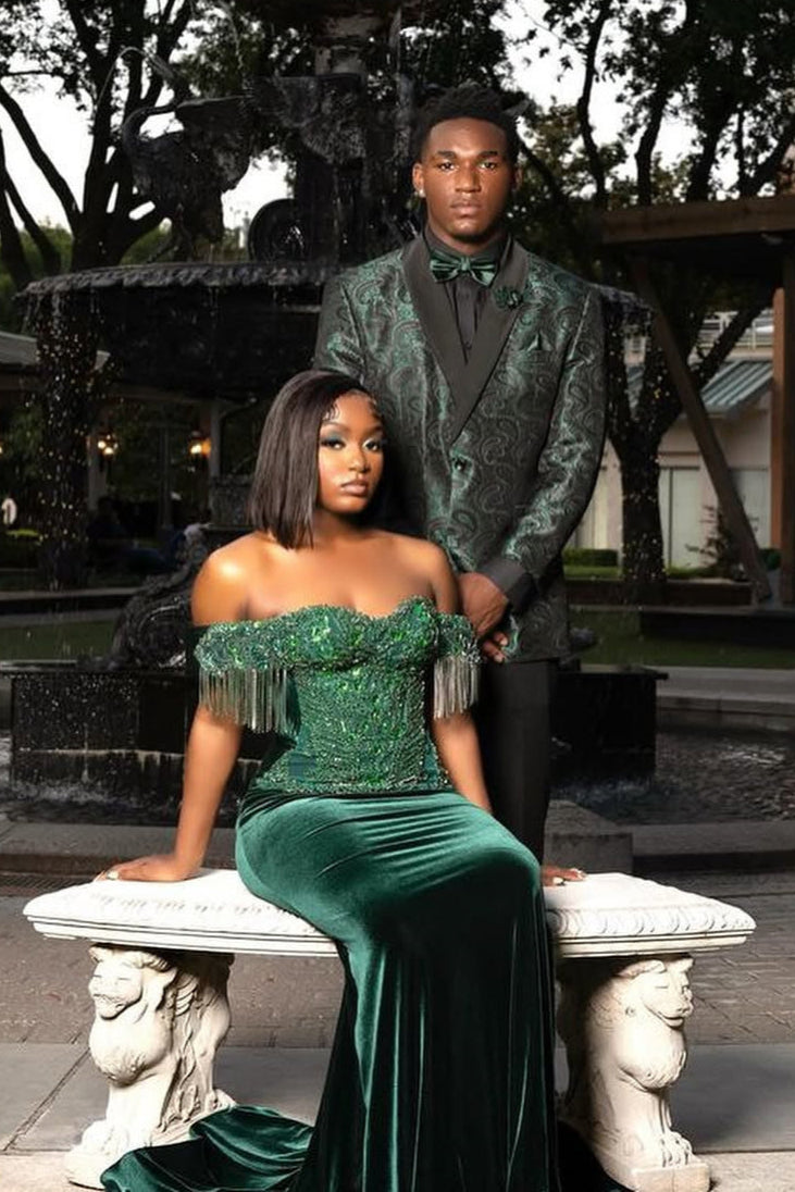 Dark Green Off-the-Shoulder Sequined Mermaid Long Prom Dresses