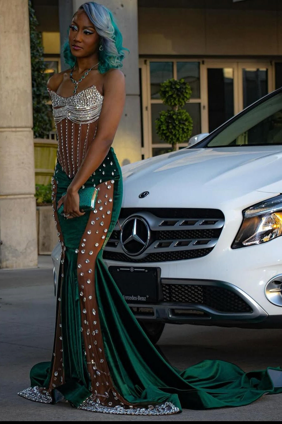 Dark Green Sweetheart Silver Beaded See through Hot Prom Dresses