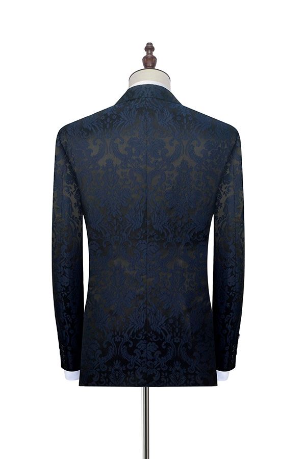 Dark Navy Jacquard Marriage Suits Black Silk Peak Lapel Mens Suits for Weddings