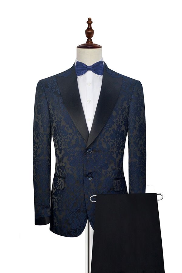 Dark Navy Jacquard Marriage Suits Black Silk Peak Lapel Mens Suits for Weddings