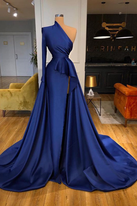 Dark Royal Blue One-Shoulder Ruffles Side-cut Overskirt Prom Dress
