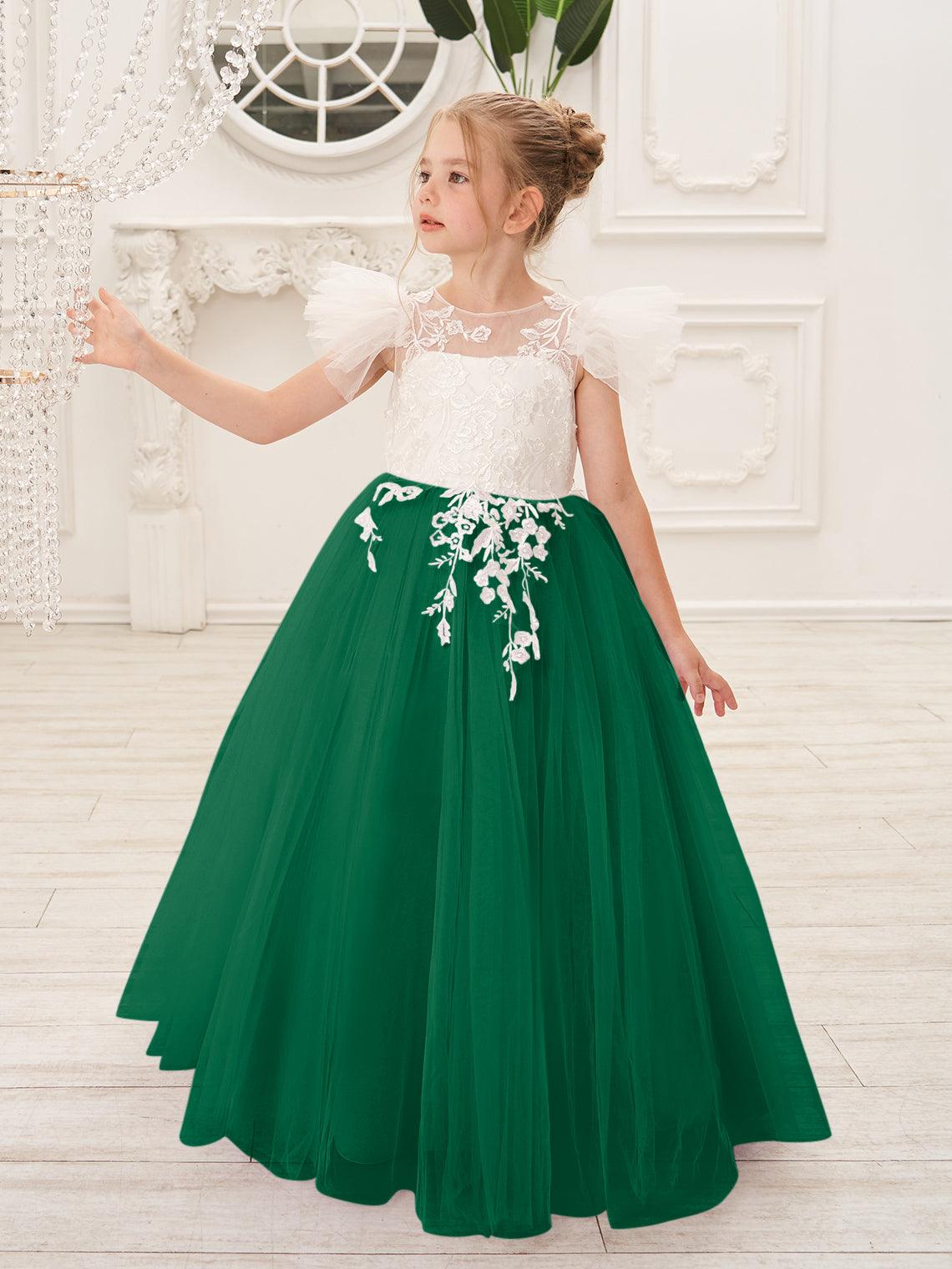 Detachable Lace Tulle Sweep Train Flower Girl Dress