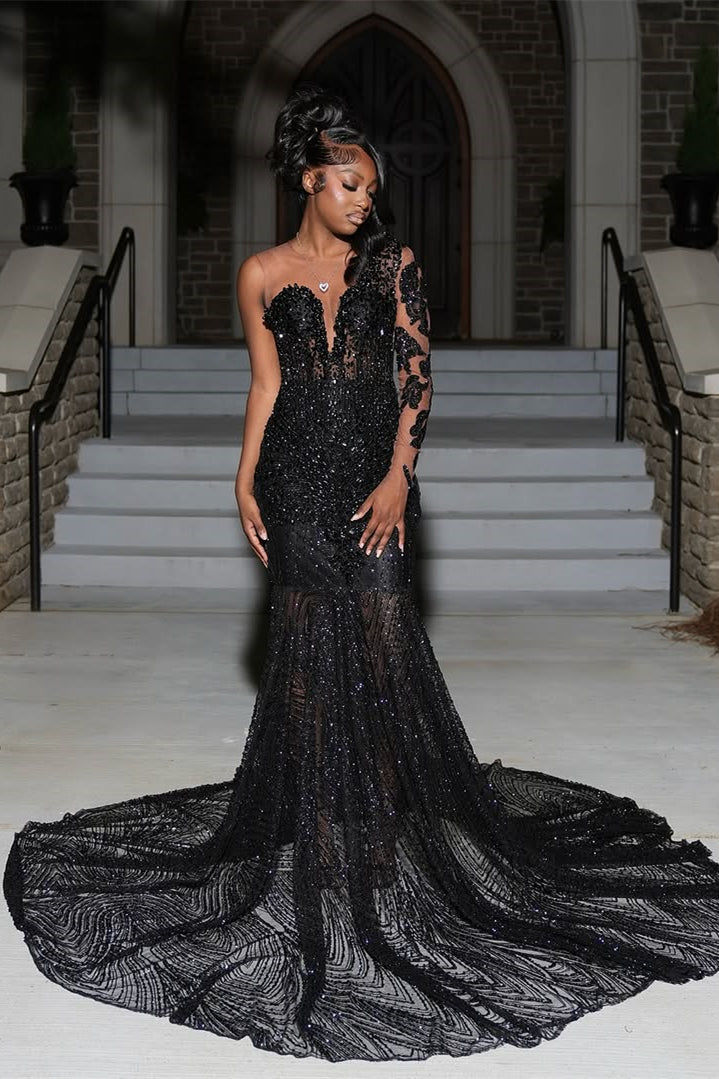Dazzling Black V-Neck One Shoulder Long Sleeves Prom Dresses Gem Beads With Zipper Lace-Up Back