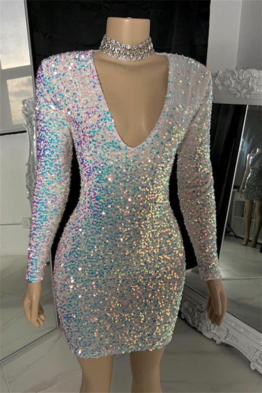 Dazzling V-Neck Long Sleeveless Mini Sequins Prom Dresses Sheath