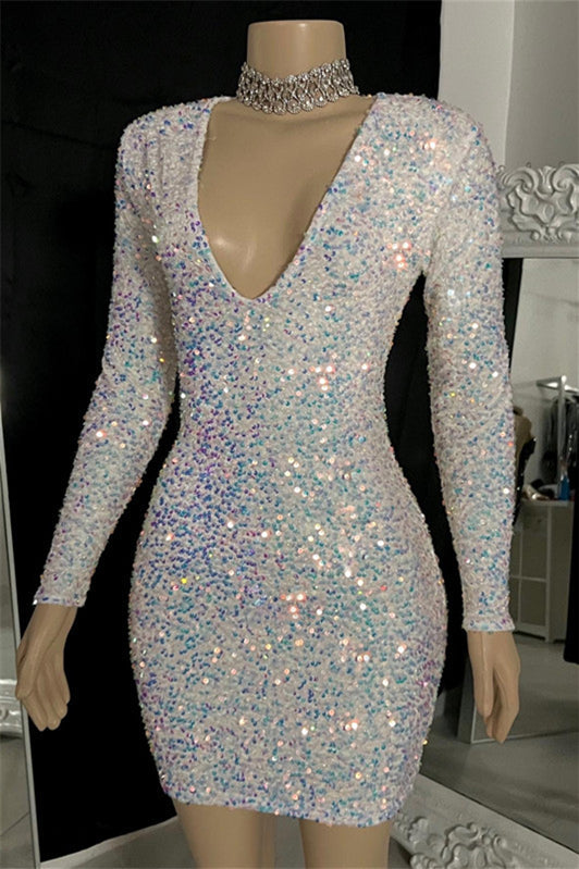 Dazzling V-Neck Long Sleeveless Mini Sequins Prom Dresses Sheath