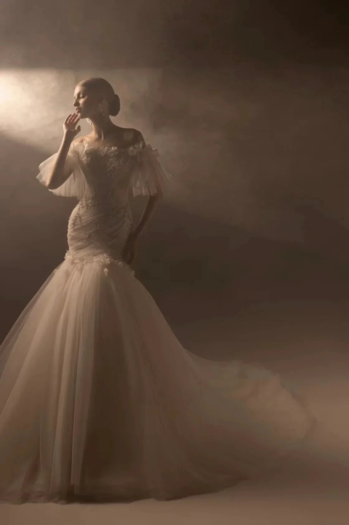 Ethereal Mermaid Off-the-Shoulder Tulle Wedding Dress with Beaded Embroidery & 3D Floral Accents (ZD16913)