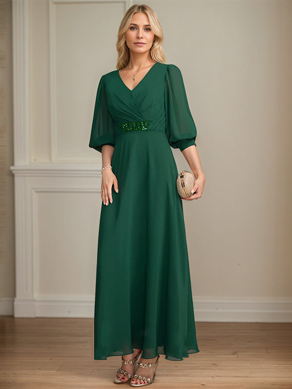 A-line V-Neck Ankle-Length Chiffon Mother of the Bride Dress With Pleated Sequins Beading - FashionDia