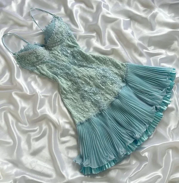 Spaghetti Straps Blue Lace Birthday Dress Pleated Short Party Dress