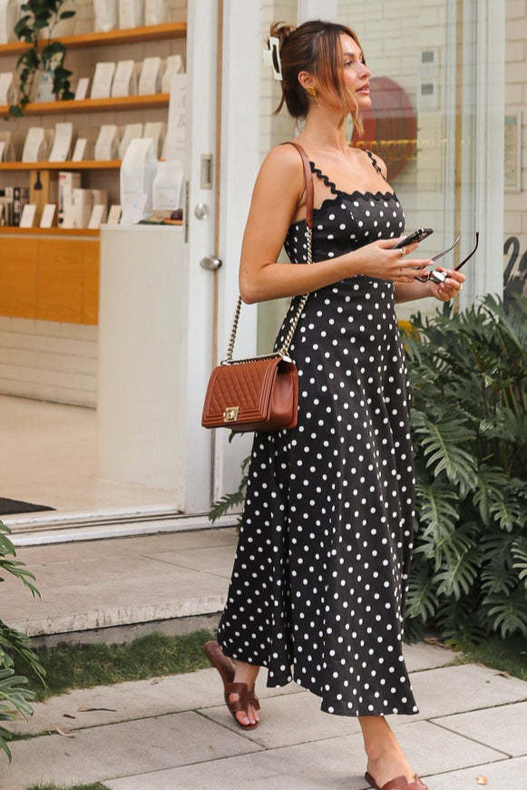 Boho Polka Dot Lace Trim Cami Maxi Dress - View 2 | VelvetHem